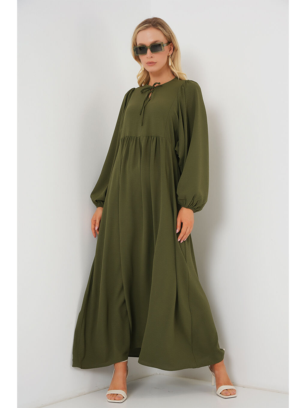 Kadın Balon Kol Uzun Tesettür Elbise 2464 - Haki-2