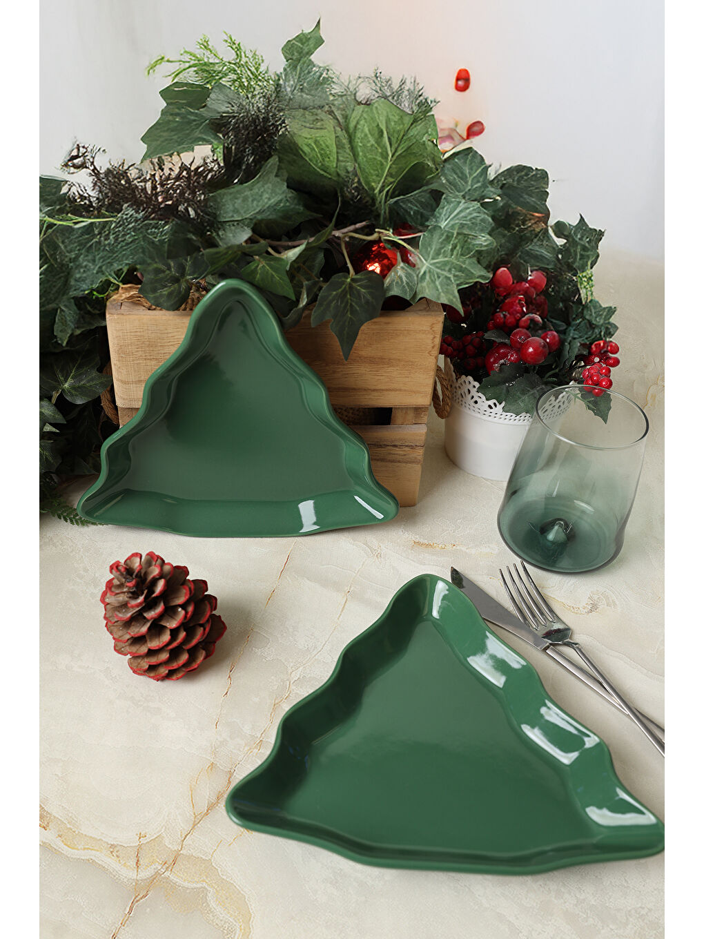 Yeşil Çam Kayık Tabak 22 Cm 2 Adet