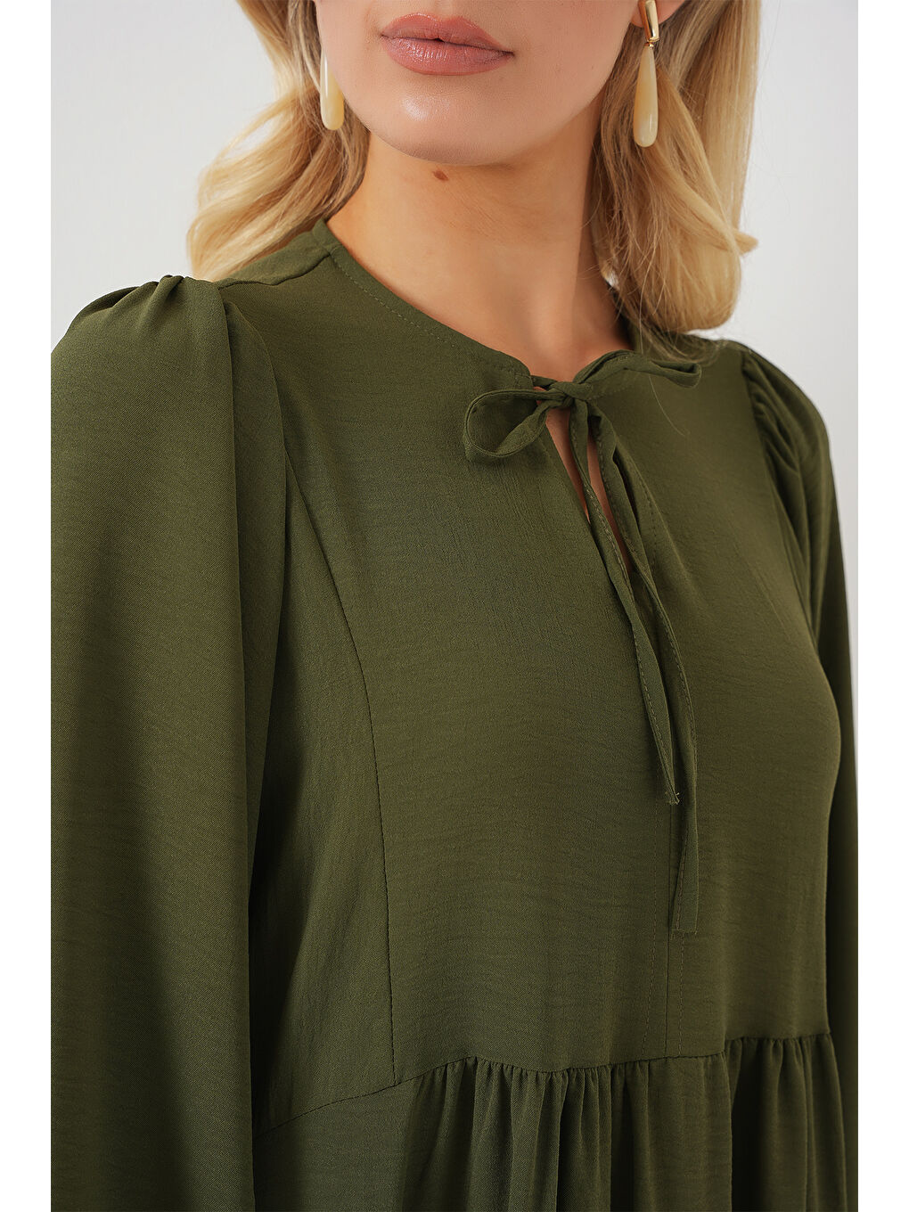 Kadın Balon Kol Uzun Tesettür Elbise 2464 - Haki-4