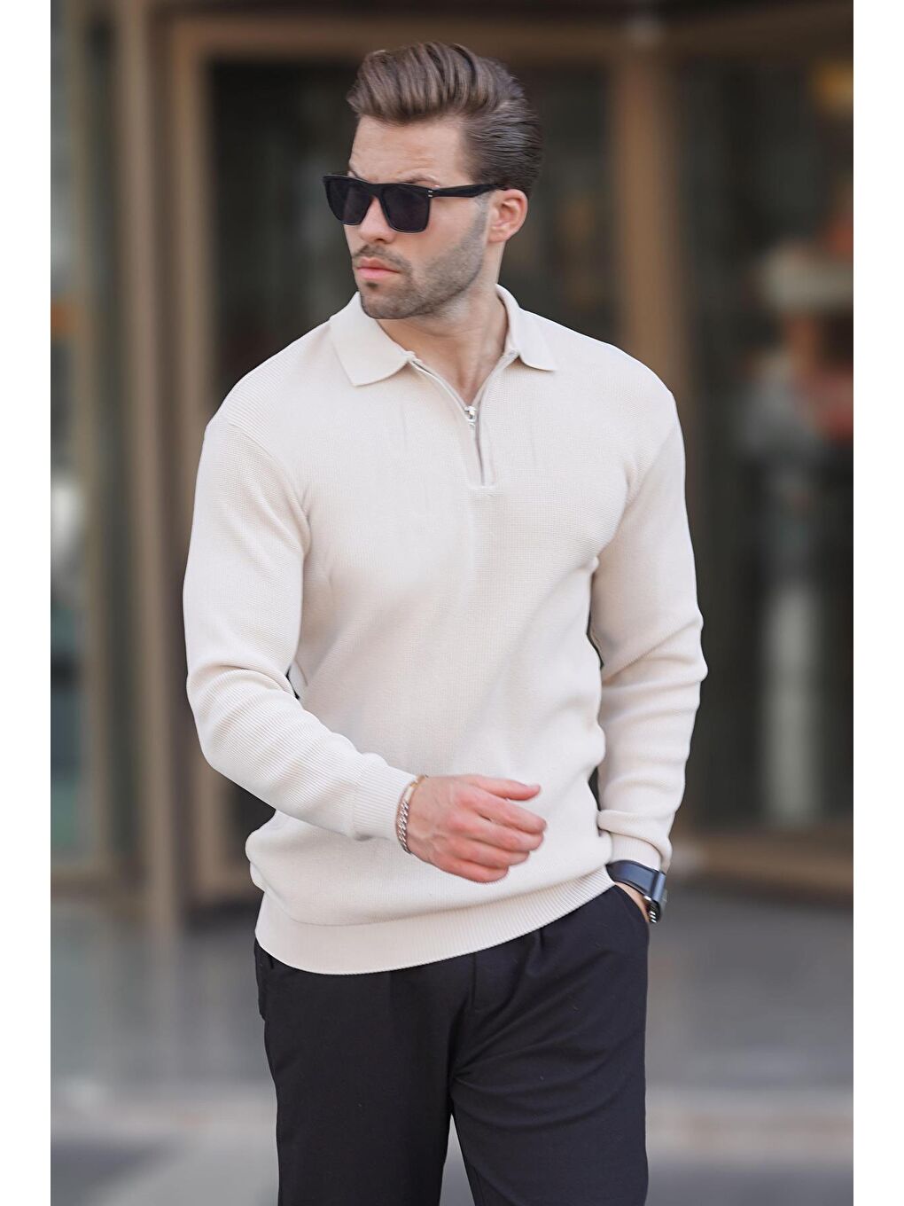 Bej Polo Yaka Fermuarlı Uzun Kollu Erkek Kazak 7240-4