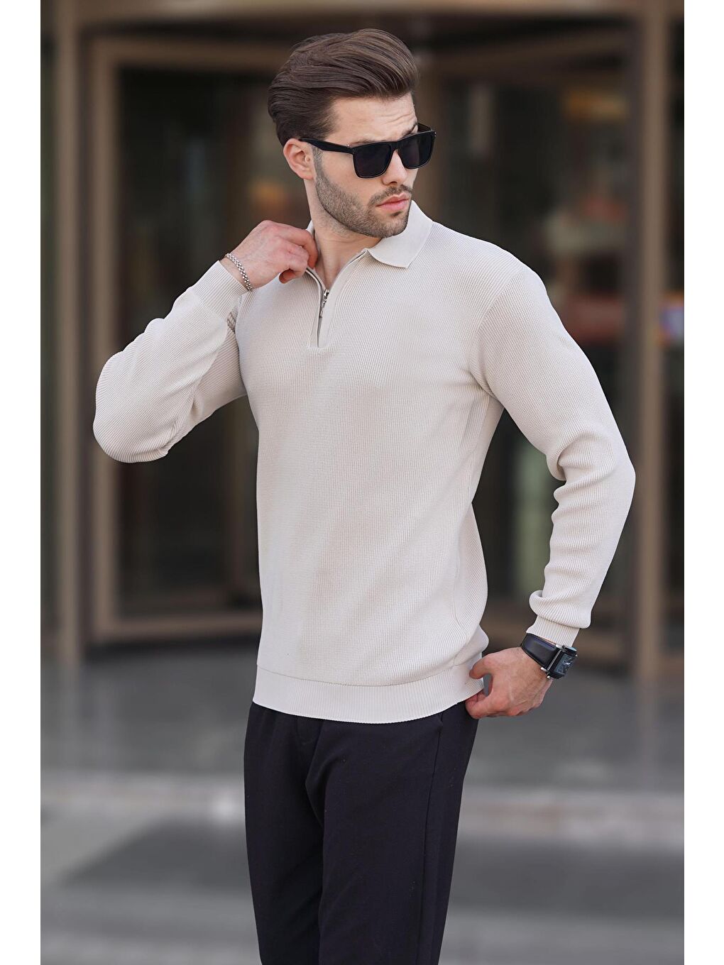 Bej Polo Yaka Fermuarlı Uzun Kollu Erkek Kazak 7240-3