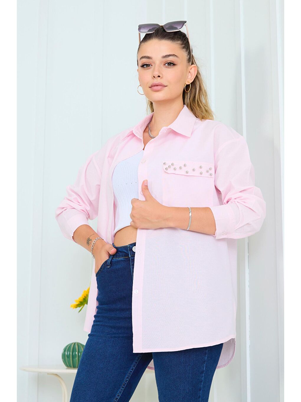 Gömlek Yaka Kadın Pembe Gömlek - 11469-1