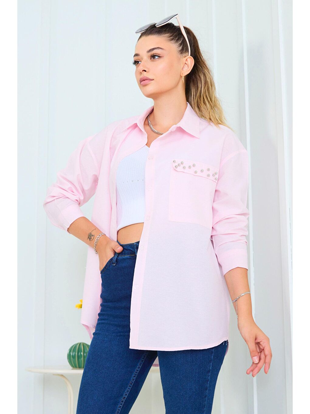 Gömlek Yaka Kadın Pembe Gömlek - 11469-2
