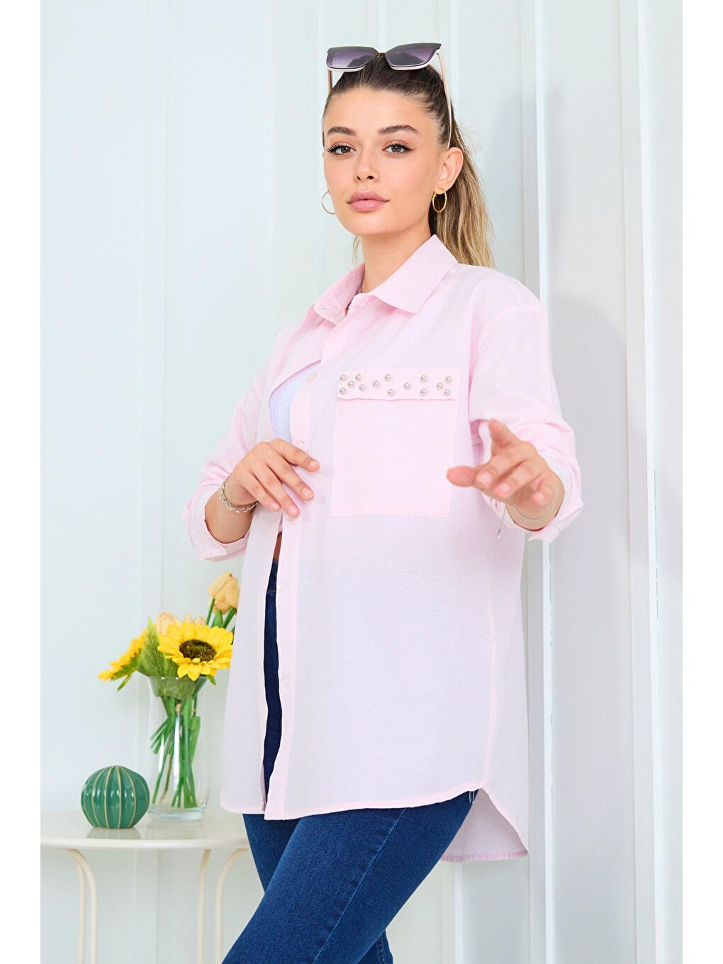 Gömlek Yaka Kadın Pembe Gömlek - 11469-3