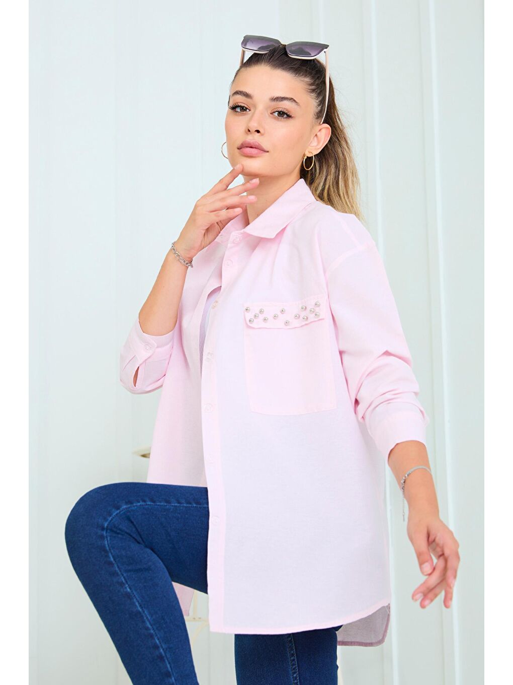 Gömlek Yaka Kadın Pembe Gömlek - 11469-4