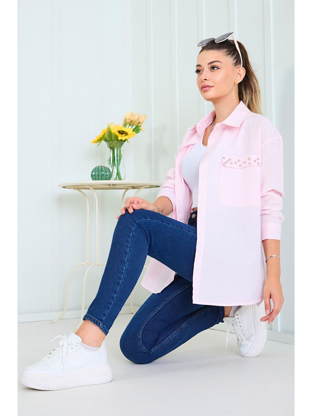 Gömlek Yaka Kadın Pembe Gömlek - 11469-5