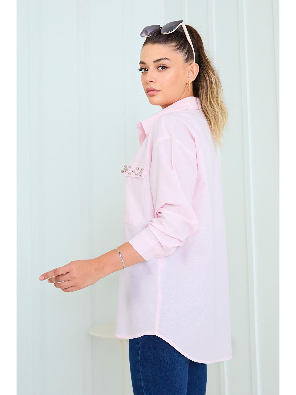 Gömlek Yaka Kadın Pembe Gömlek - 11469-6