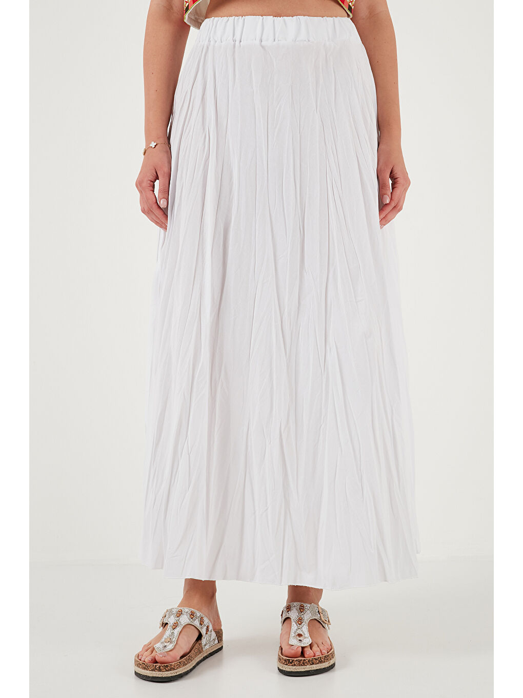 Beyaz Modest Pamuk Karışımlı Regular Fit Kırışık Görünümlü Uzun Kadın Tesettür Etek 6698042-3