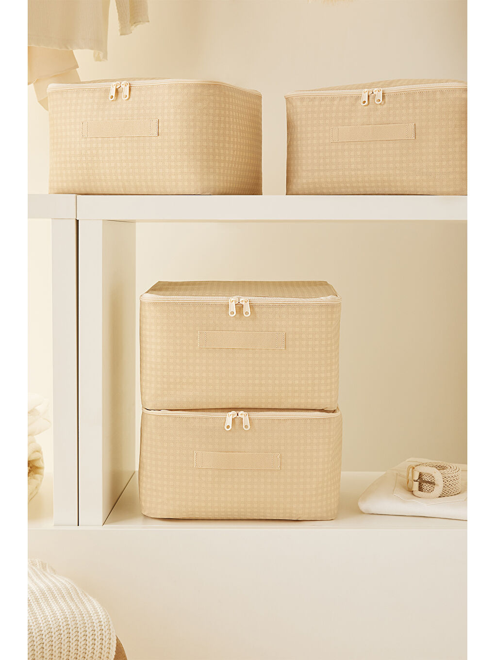 4'lü Küçük Boy Bej Pötikare Hurç Set 30 x 22 x 18 cm-2