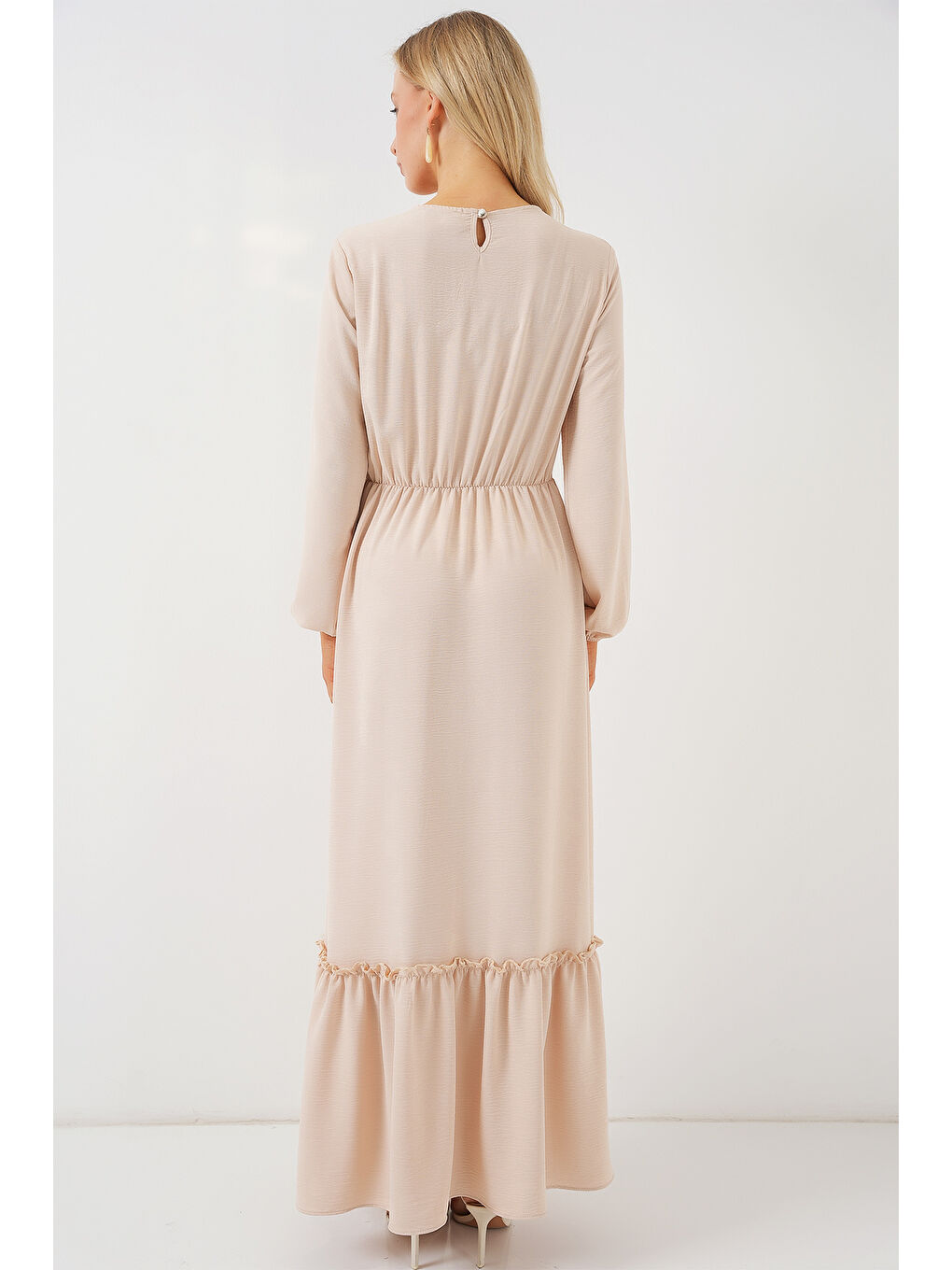 Ekru Kadın Nakışlı Uzun Tesettür Elbise 2550 - Krem-5