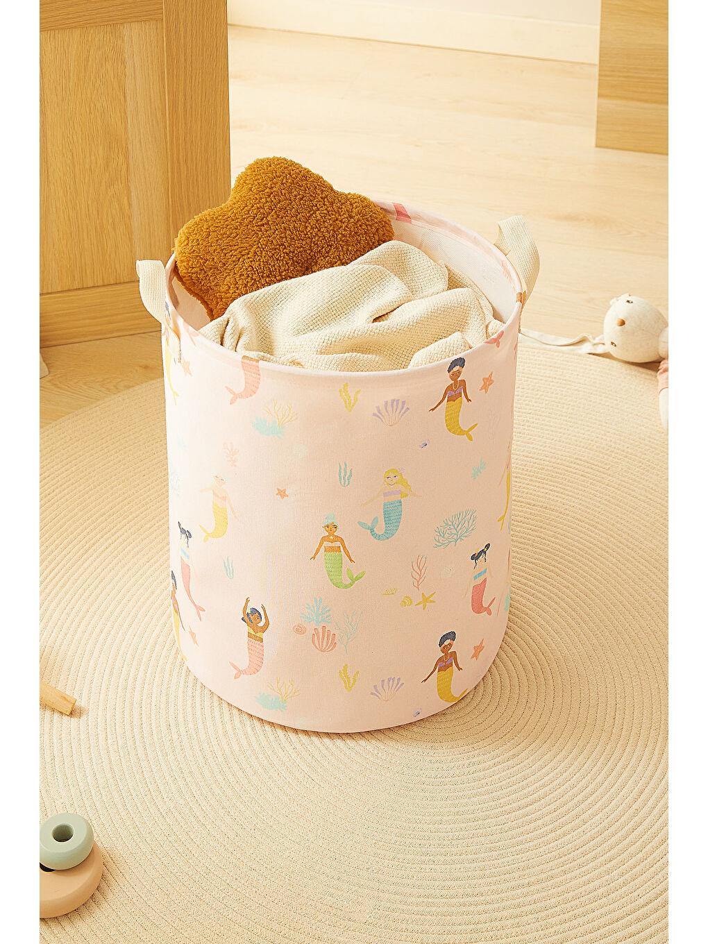 Pembe Çocuk Odası Deniz Kızı Desenli Oyuncak Sepeti 33 x 40 cm-1