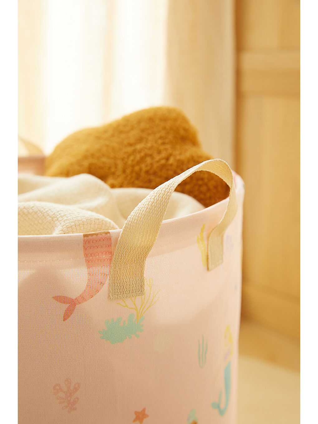 Pembe Çocuk Odası Deniz Kızı Desenli Oyuncak Sepeti 33 x 40 cm-2