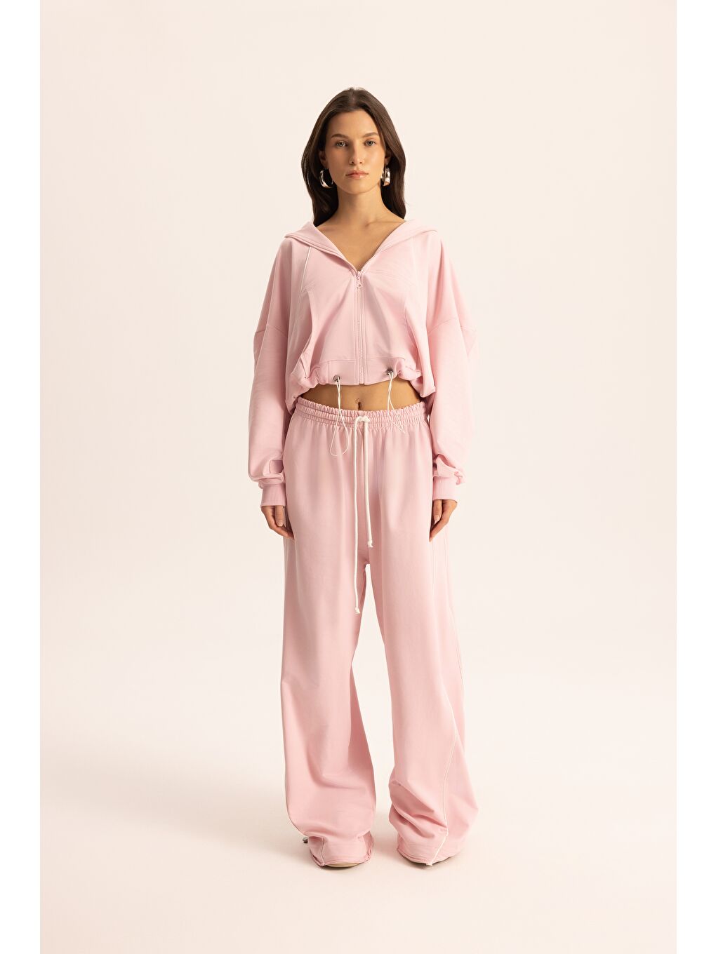 Tyon Şerit Detay Pembe Kapüşonlu Crop Eşofman Takım-1