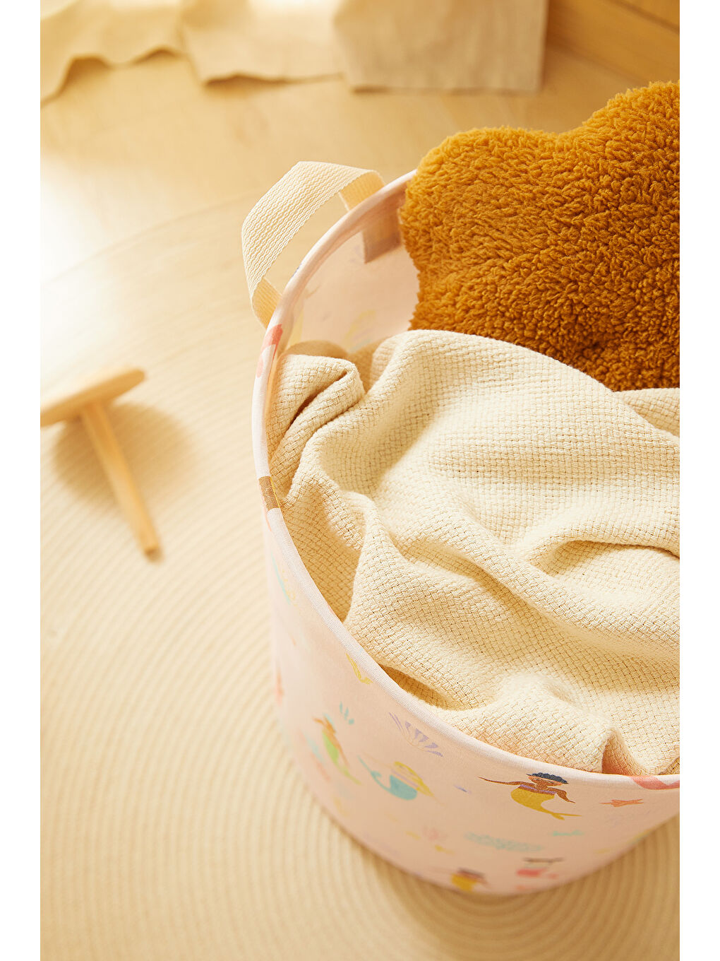 Pembe Çocuk Odası Deniz Kızı Desenli Oyuncak Sepeti 33 x 40 cm-3