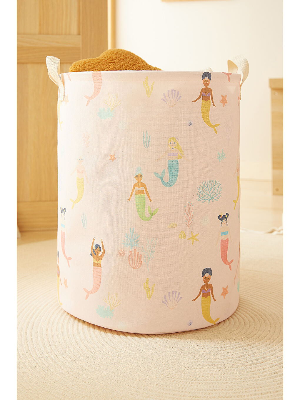 Pembe Çocuk Odası Deniz Kızı Desenli Oyuncak Sepeti 33 x 40 cm-4