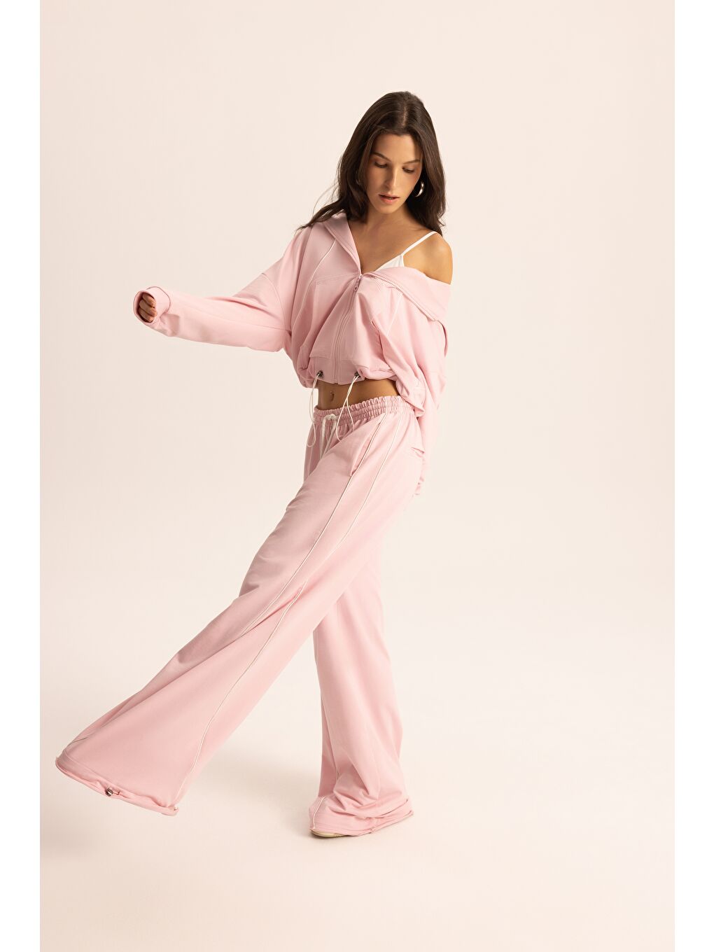 Tyon Şerit Detay Pembe Kapüşonlu Crop Eşofman Takım-2