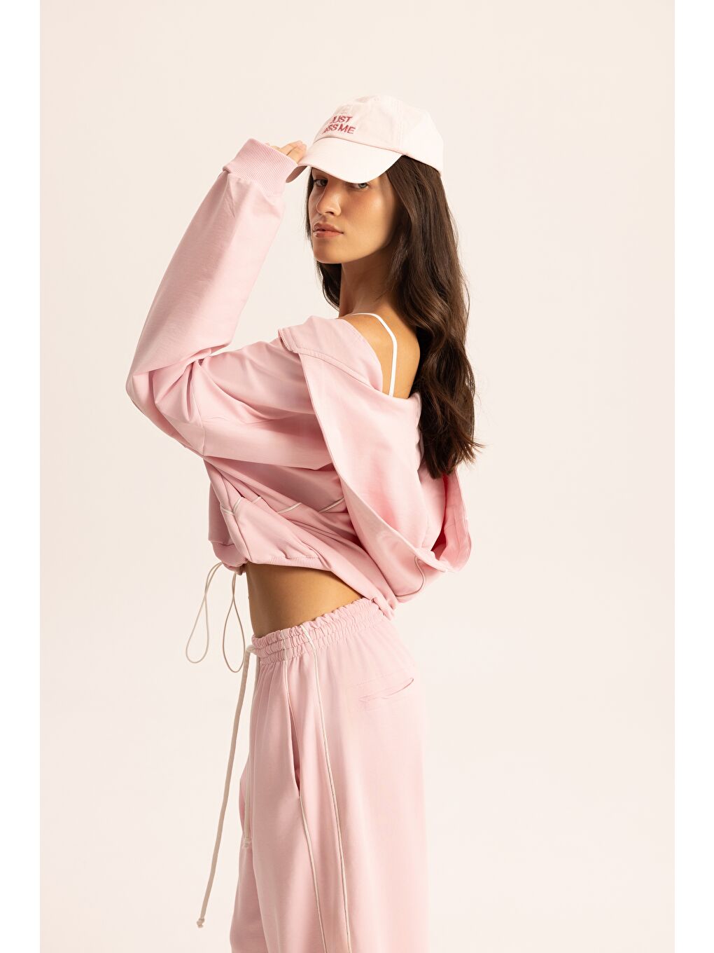 Tyon Şerit Detay Pembe Kapüşonlu Crop Eşofman Takım-3
