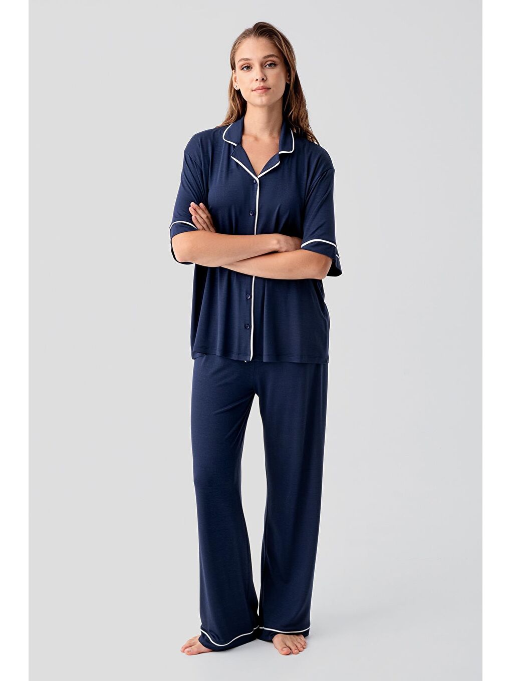 Lacivert Kısa Kollu Düğmeli Oversize Esnek Viskoz Pijama Takım 19210-1