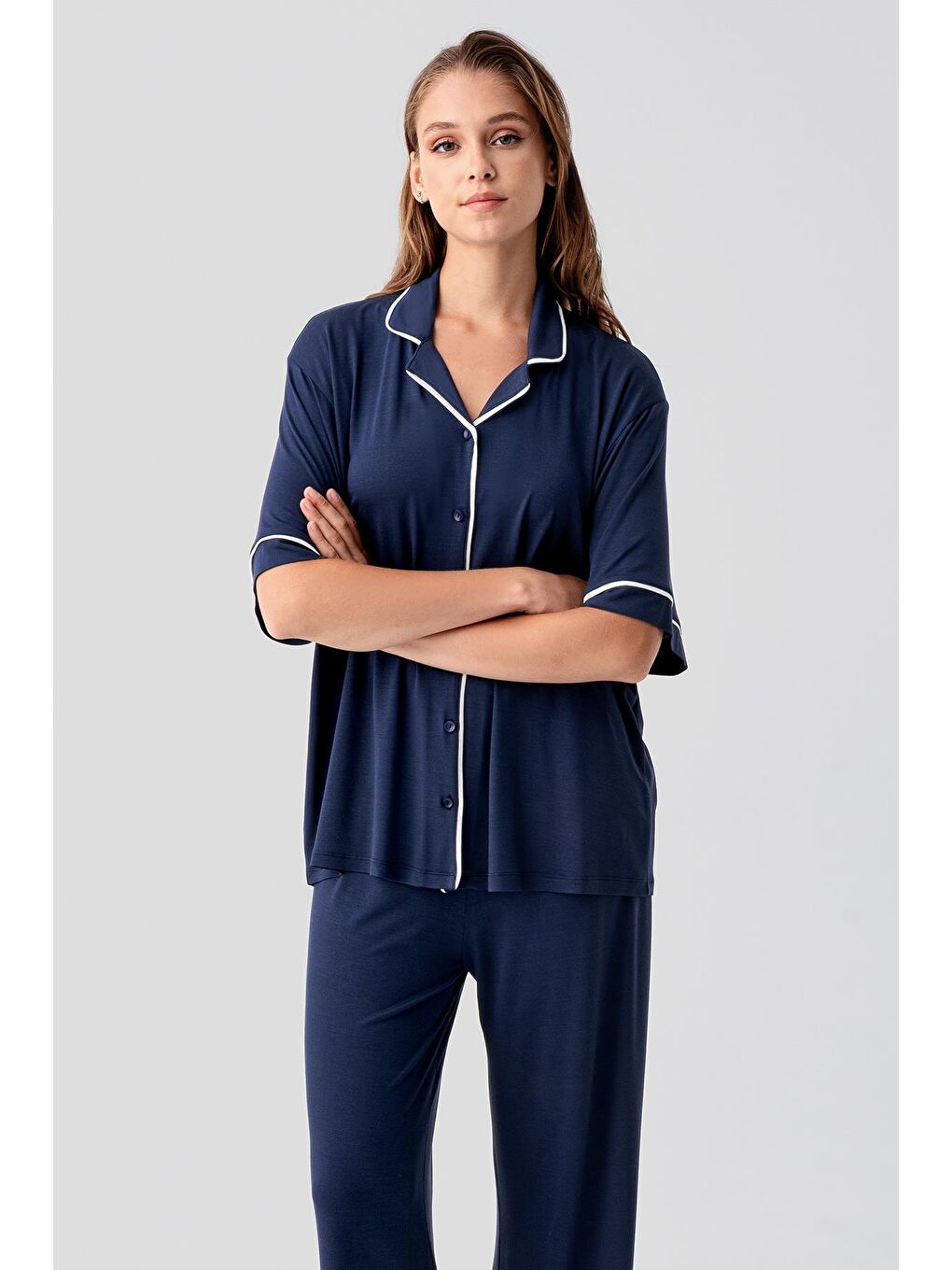 Lacivert Kısa Kollu Düğmeli Oversize Esnek Viskoz Pijama Takım 19210-2