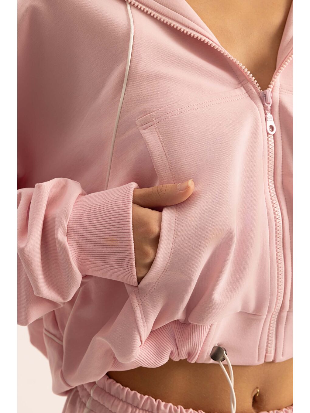 Tyon Şerit Detay Pembe Kapüşonlu Crop Eşofman Takım-5