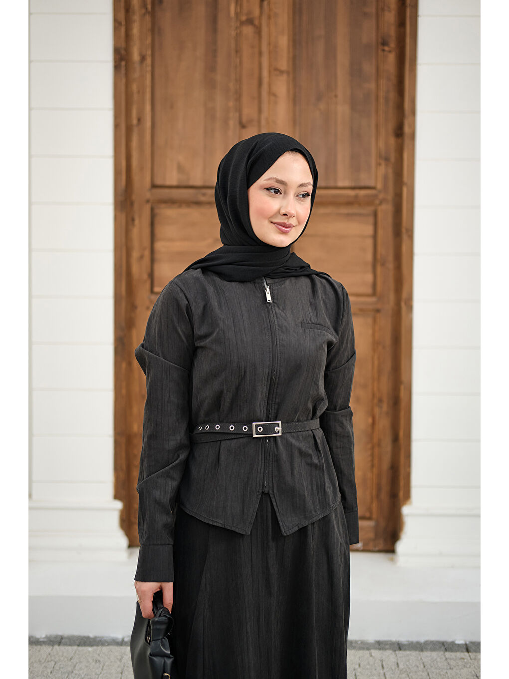 Kadın Fermuarlı Cep Detay Kemer Bağlamalı Etekli Takım Siyah-2