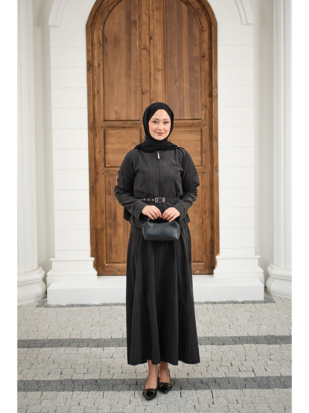 Kadın Fermuarlı Cep Detay Kemer Bağlamalı Etekli Takım Siyah-4