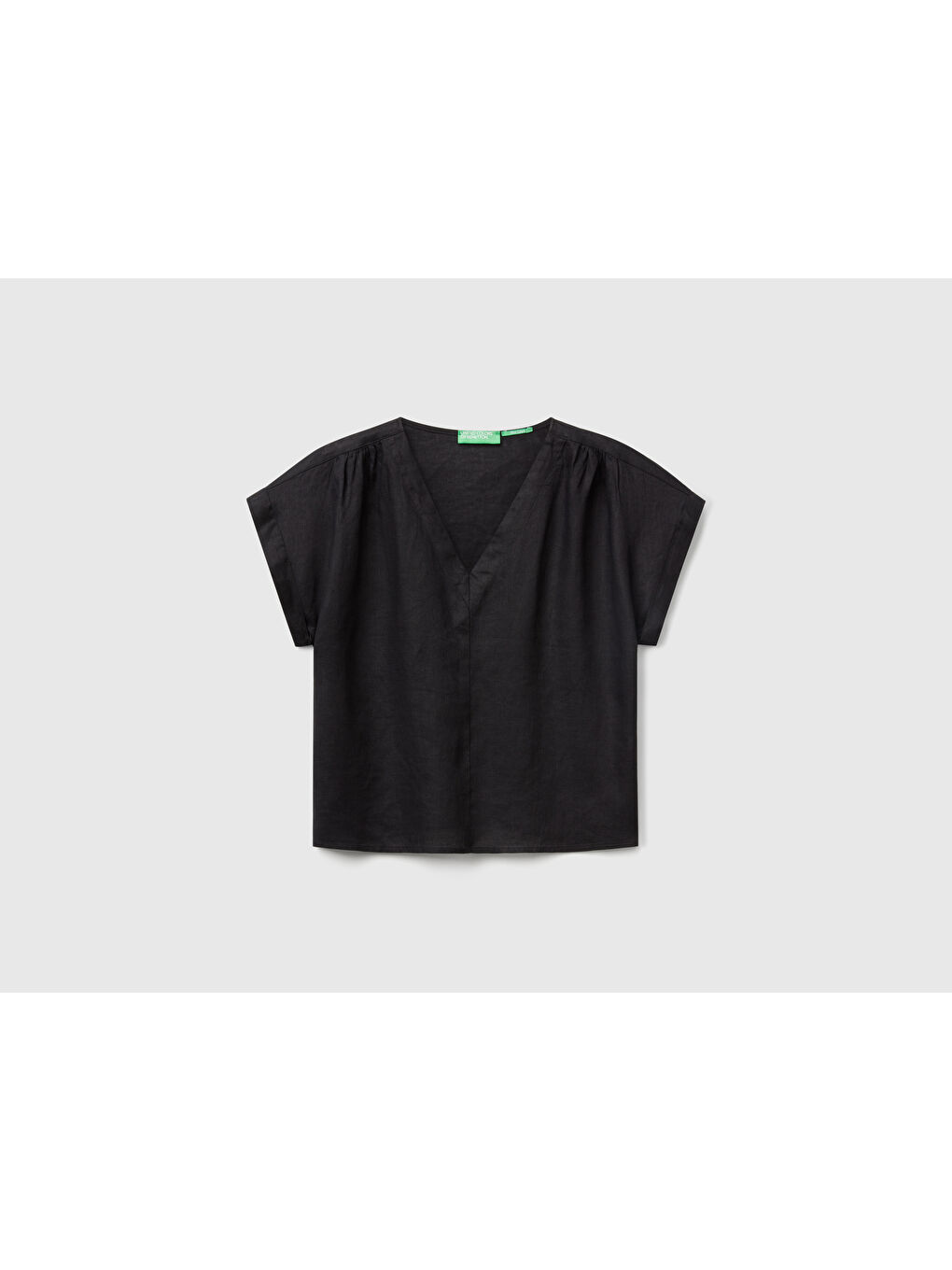 Kadın Siyah %100 Keten Kimono Kol V Yaka Bluz-1