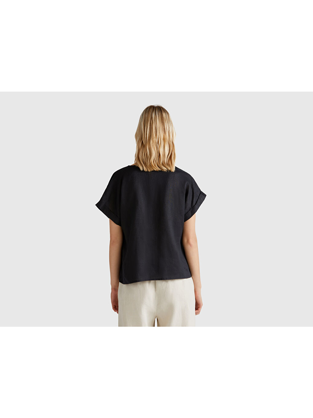 Kadın Siyah %100 Keten Kimono Kol V Yaka Bluz-2