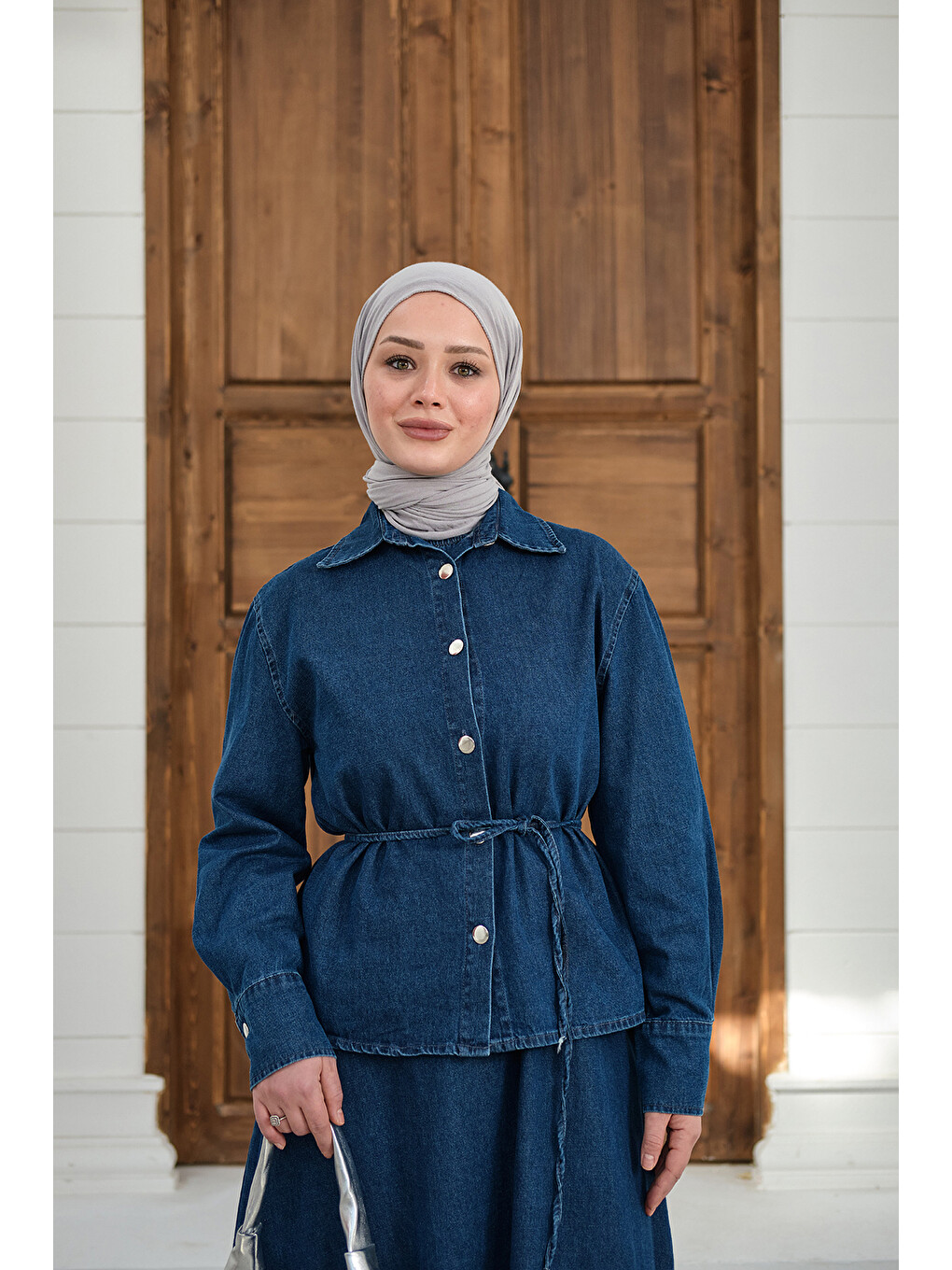 Kadın Düğmeli Bel Bağlamalı Jean Takım Lacivert-2
