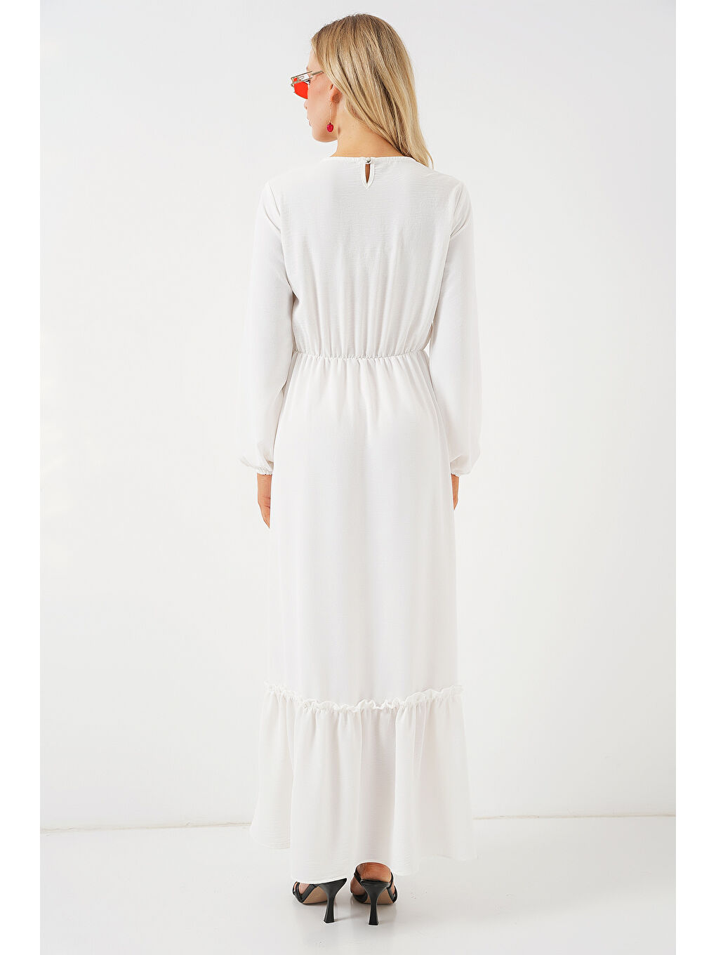 Kadın Nakışlı Uzun Tesettür Elbise 2550 - Beyaz-5