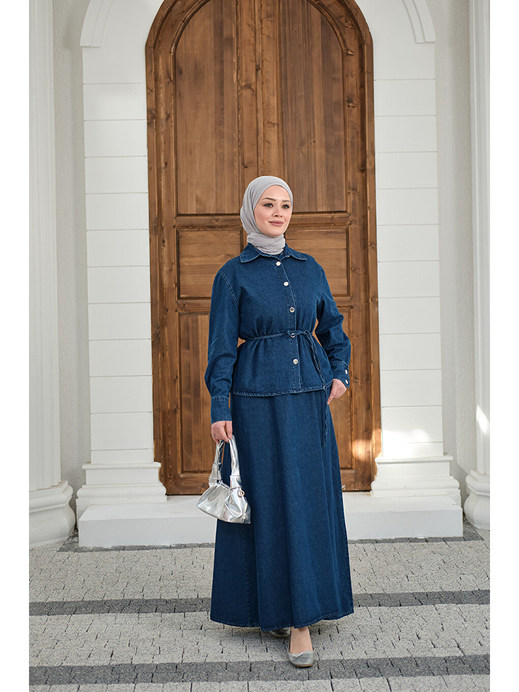 Kadın Düğmeli Bel Bağlamalı Jean Takım Lacivert-3