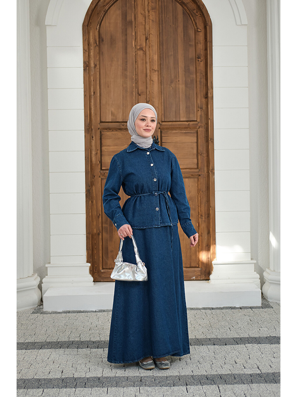 Kadın Düğmeli Bel Bağlamalı Jean Takım Lacivert-4