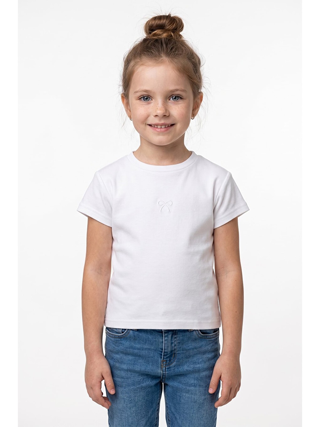 Ekru Fiyonk Nakışlı Slim Fit Kız Çocuk Tişört-1