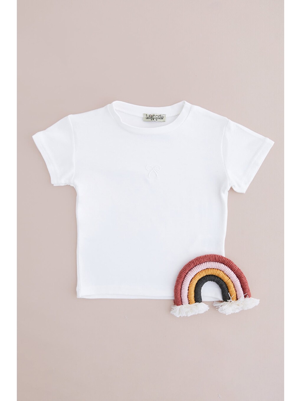 Ekru Fiyonk Nakışlı Slim Fit Kız Çocuk Tişört-2