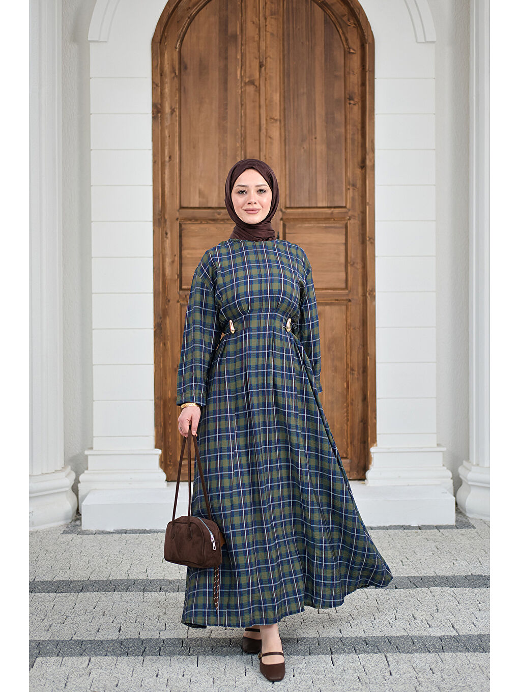 Kadın Ekose Desen Bronş Detay Arkadan Bağlamalı Elbise Yeşil-1