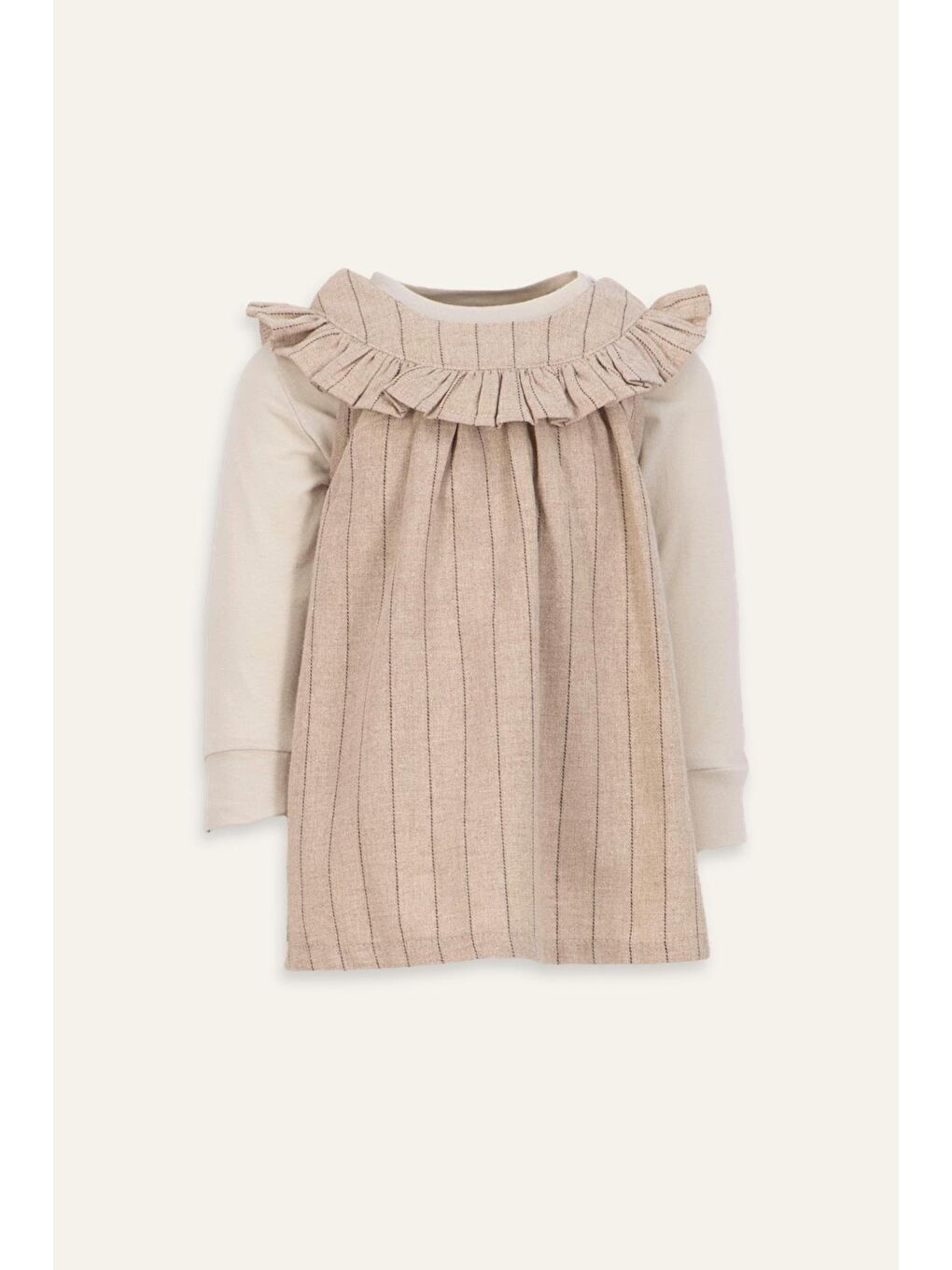 Kız Bebek Yakası Fırfırlı Elbise Ve Bluz Takım - Bej