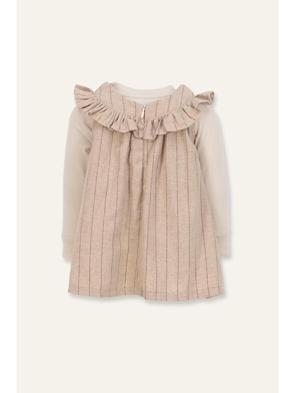 Kız Bebek Yakası Fırfırlı Elbise Ve Bluz Takım - Bej-1