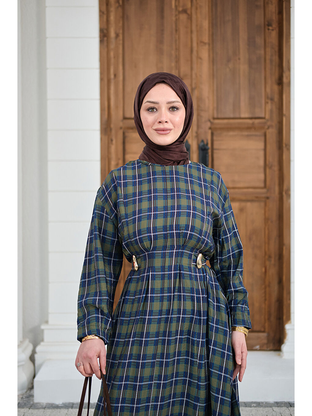 Kadın Ekose Desen Bronş Detay Arkadan Bağlamalı Elbise Yeşil-2