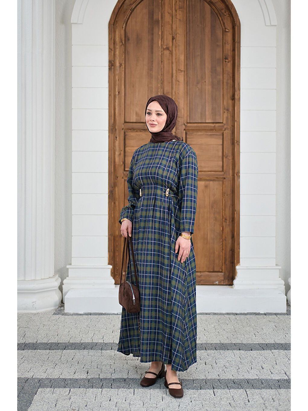 Kadın Ekose Desen Bronş Detay Arkadan Bağlamalı Elbise Yeşil-3