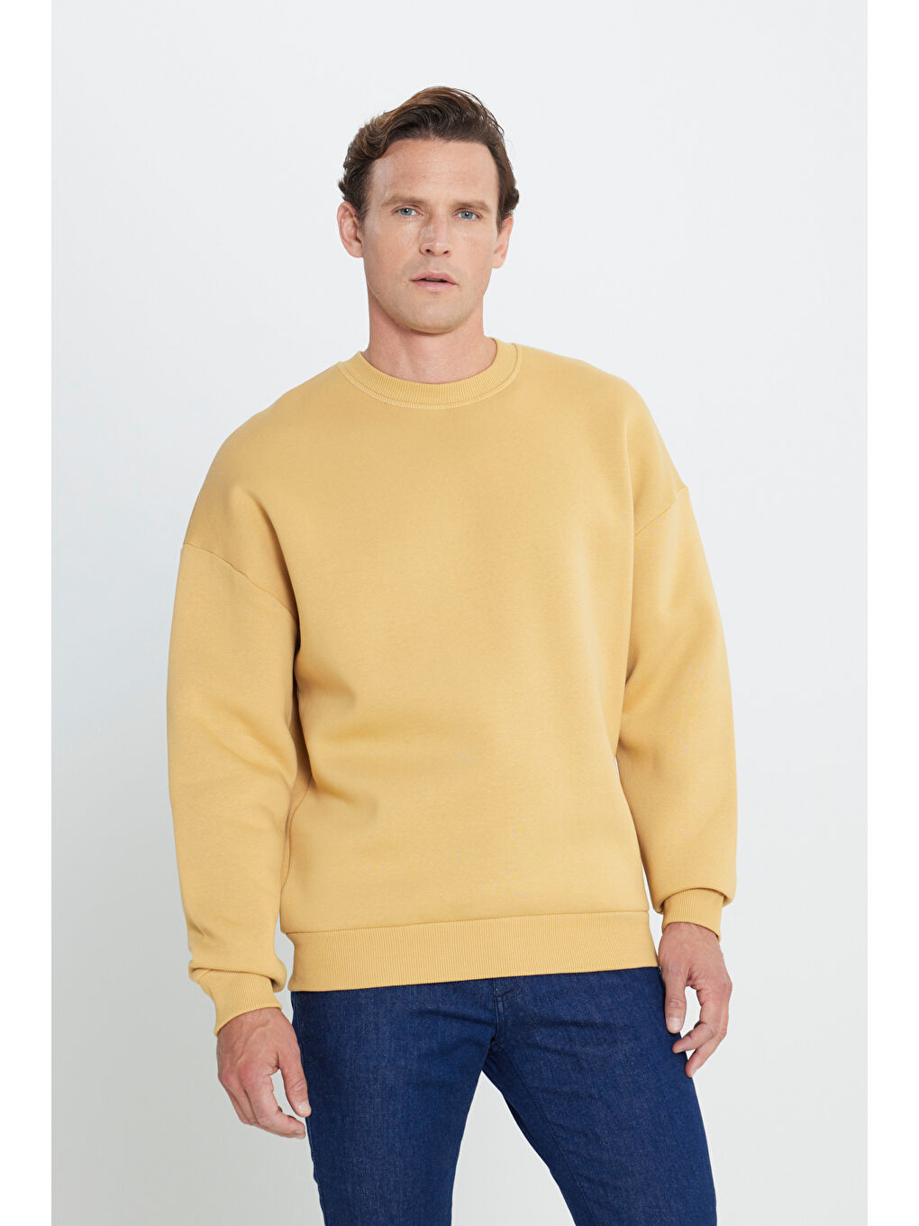 Sarı Erkek Hardal Oversize Fit Bol Kesim Pamuklu İçi Polarlı Bisiklet Yaka Sweatshirt