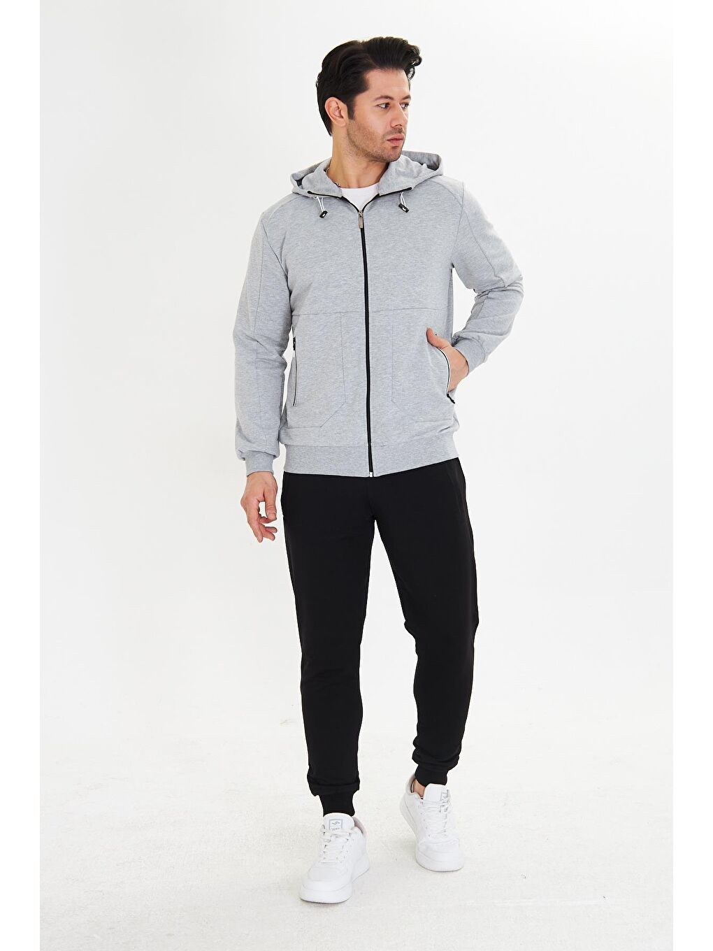 Pamuklu Kapüşonlu Erkek Eşofman Takımı Gri 5746-G-1