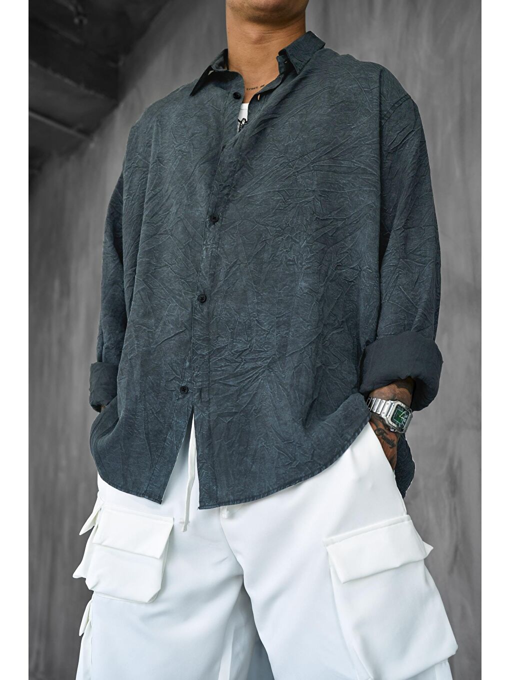 Erkek Oversize Yıkamalı Rahat Gömlek Antrasit