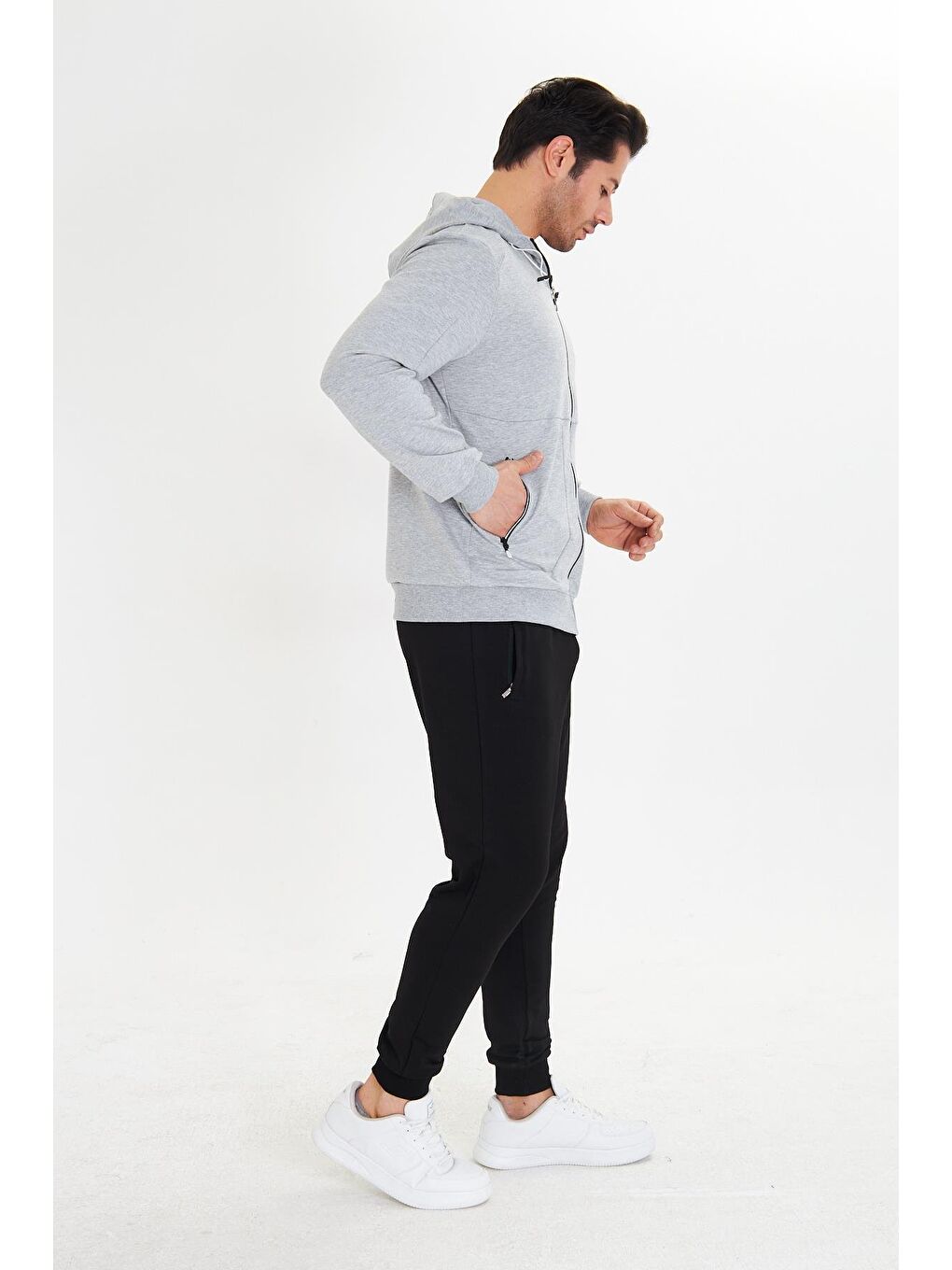 Pamuklu Kapüşonlu Erkek Eşofman Takımı Gri 5746-G-2