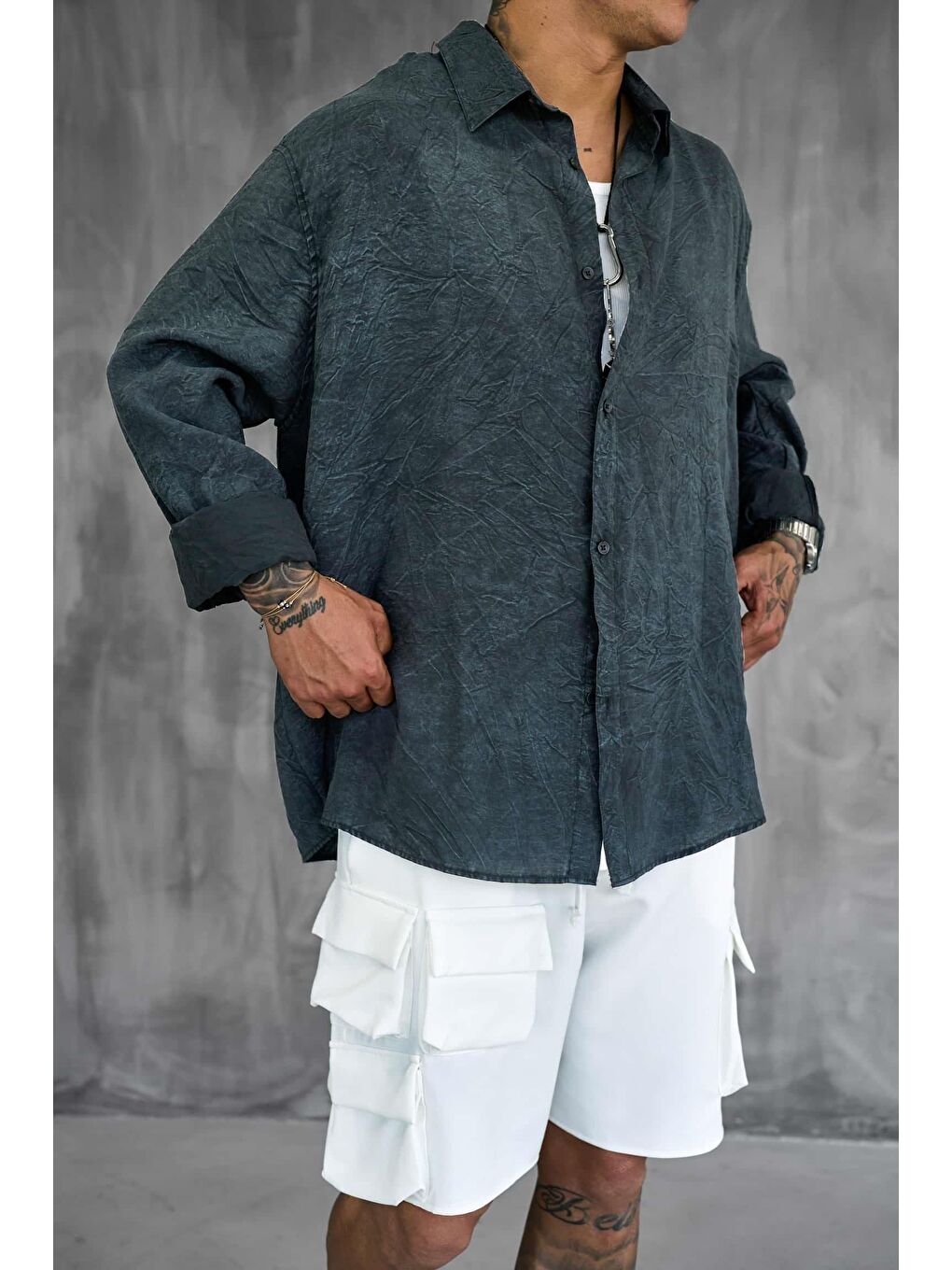 Erkek Oversize Yıkamalı Rahat Gömlek Antrasit-1