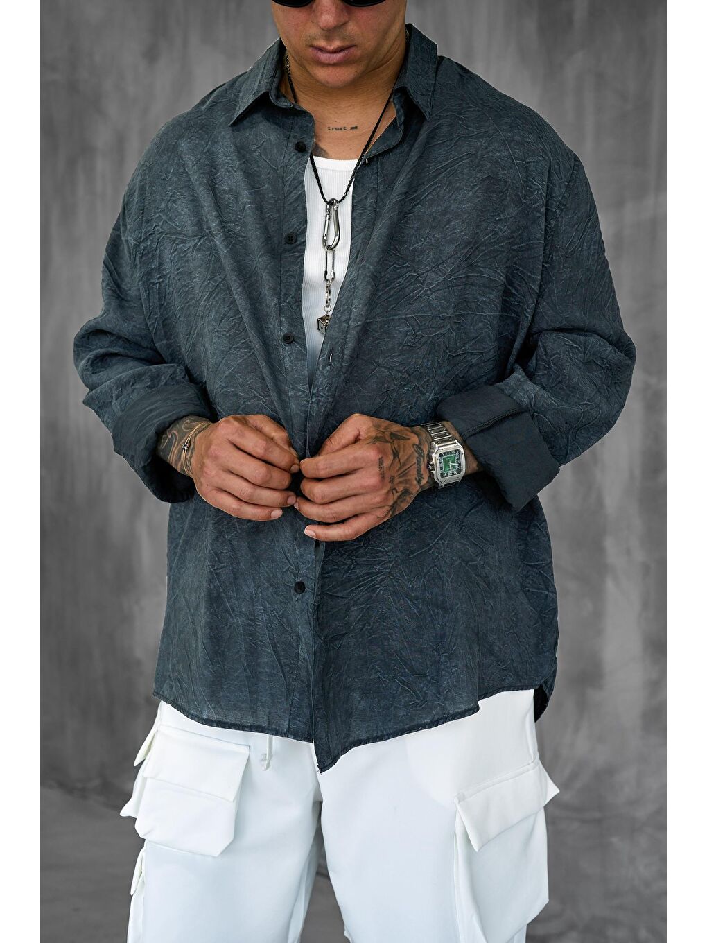 Erkek Oversize Yıkamalı Rahat Gömlek Antrasit-2