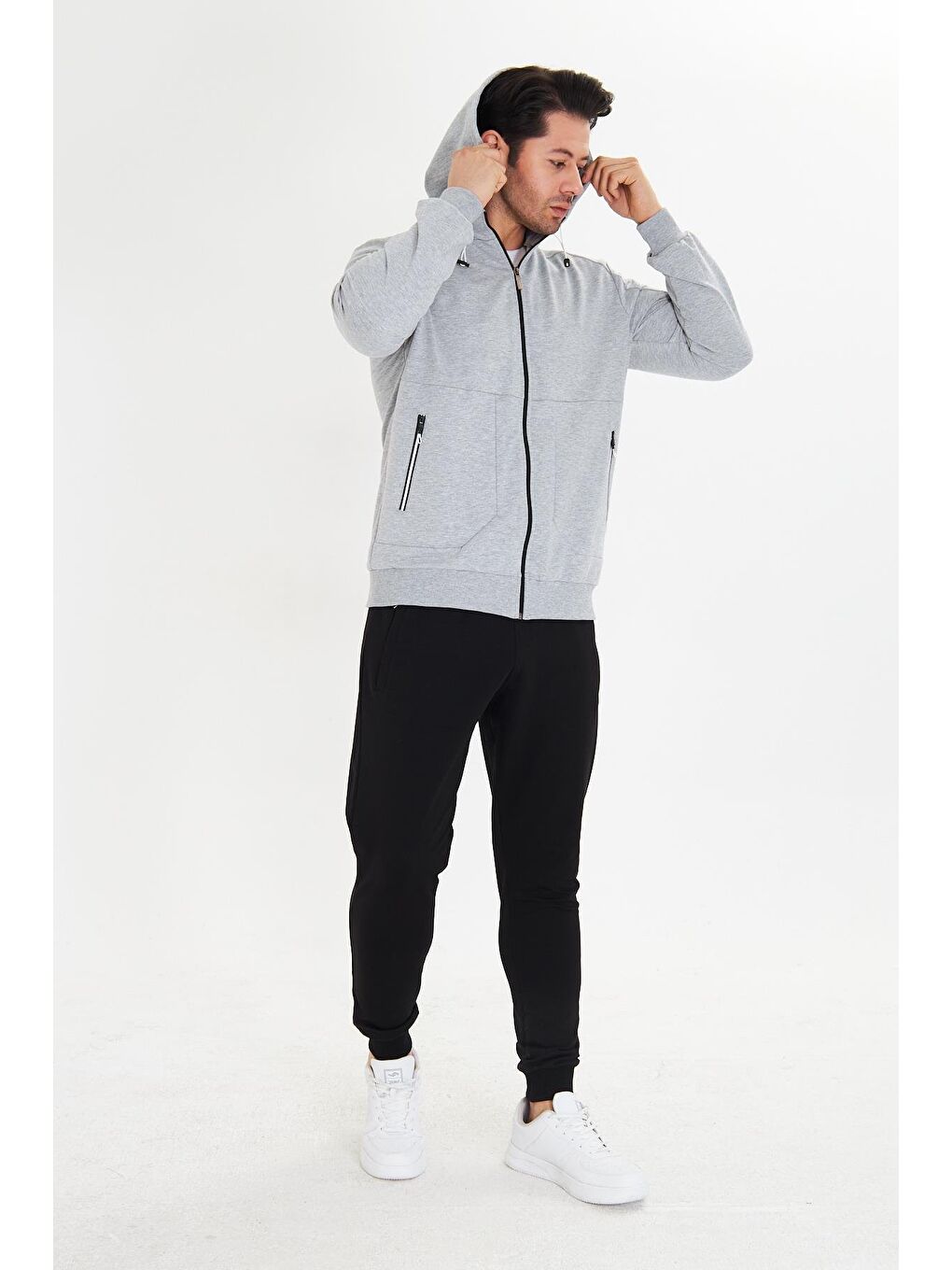 Pamuklu Kapüşonlu Erkek Eşofman Takımı Gri 5746-G-4