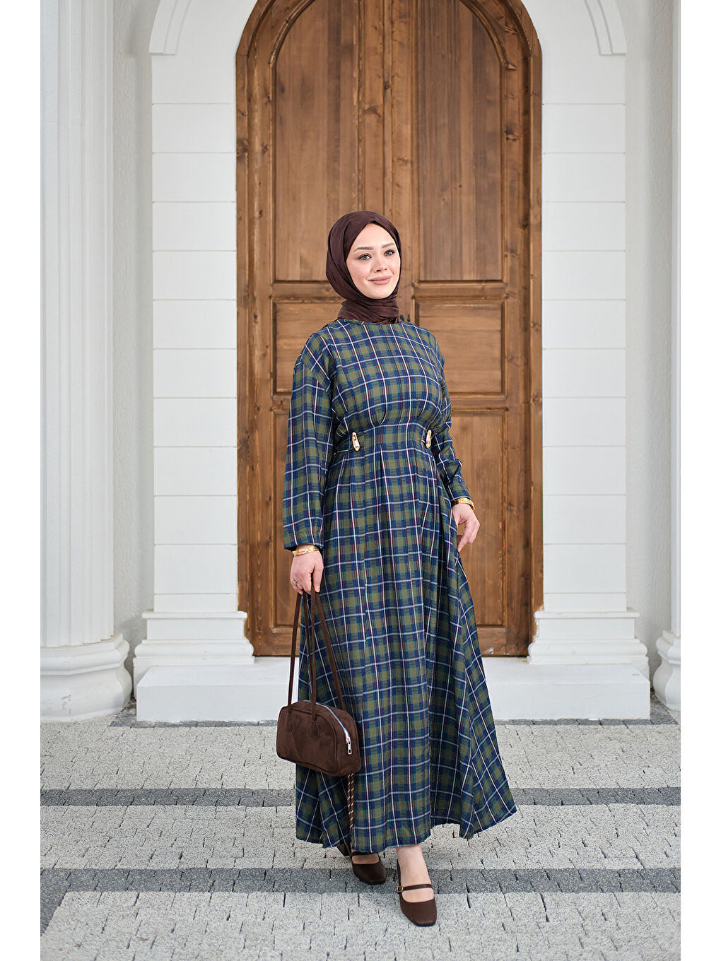 Kadın Ekose Desen Bronş Detay Arkadan Bağlamalı Elbise Yeşil-4