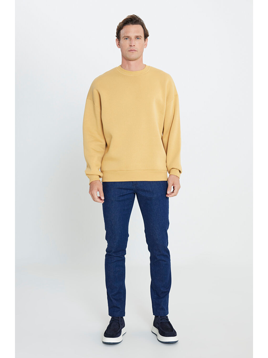 Sarı Erkek Hardal Oversize Fit Bol Kesim Pamuklu İçi Polarlı Bisiklet Yaka Sweatshirt-1