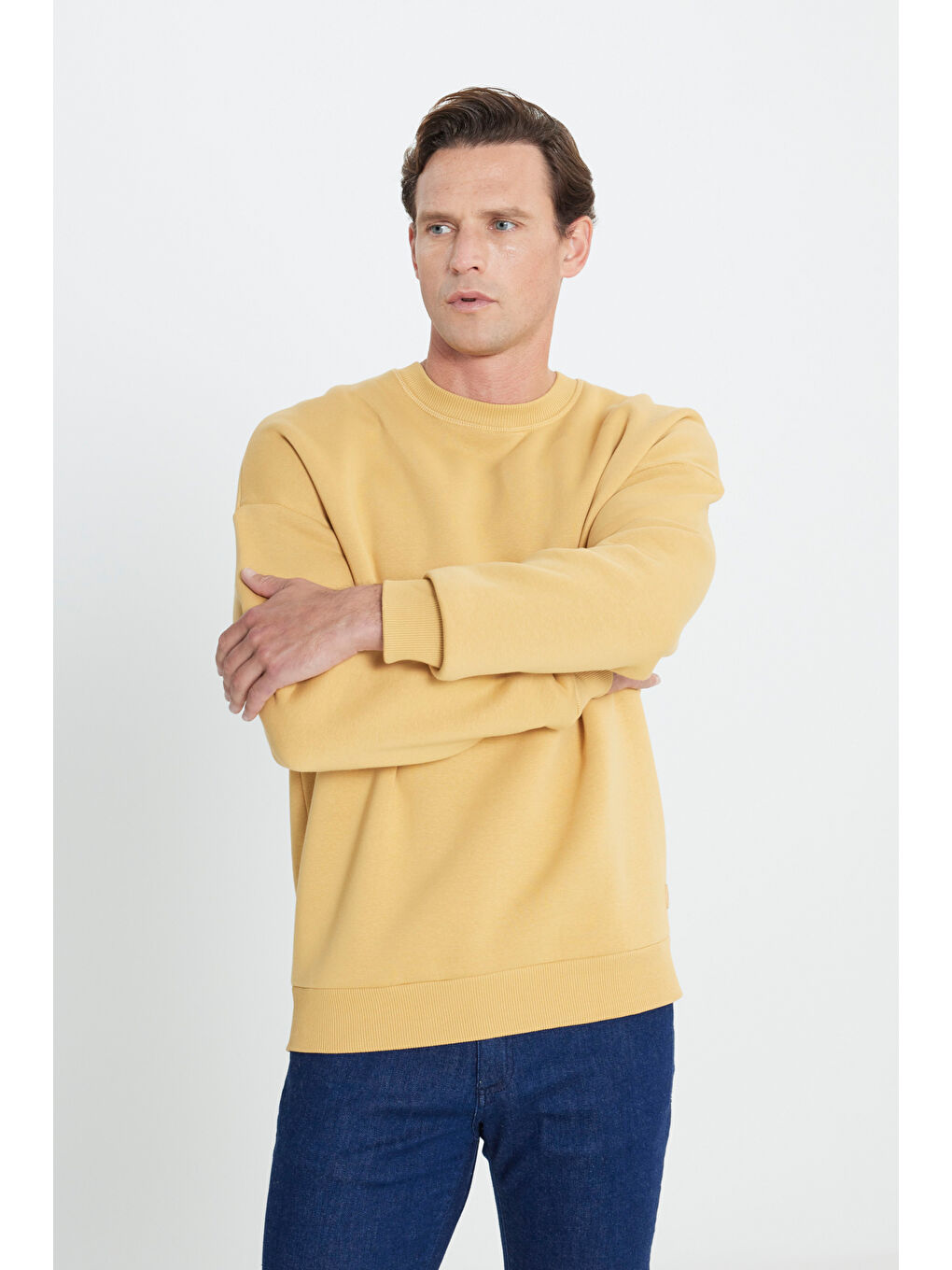 Sarı Erkek Hardal Oversize Fit Bol Kesim Pamuklu İçi Polarlı Bisiklet Yaka Sweatshirt-2