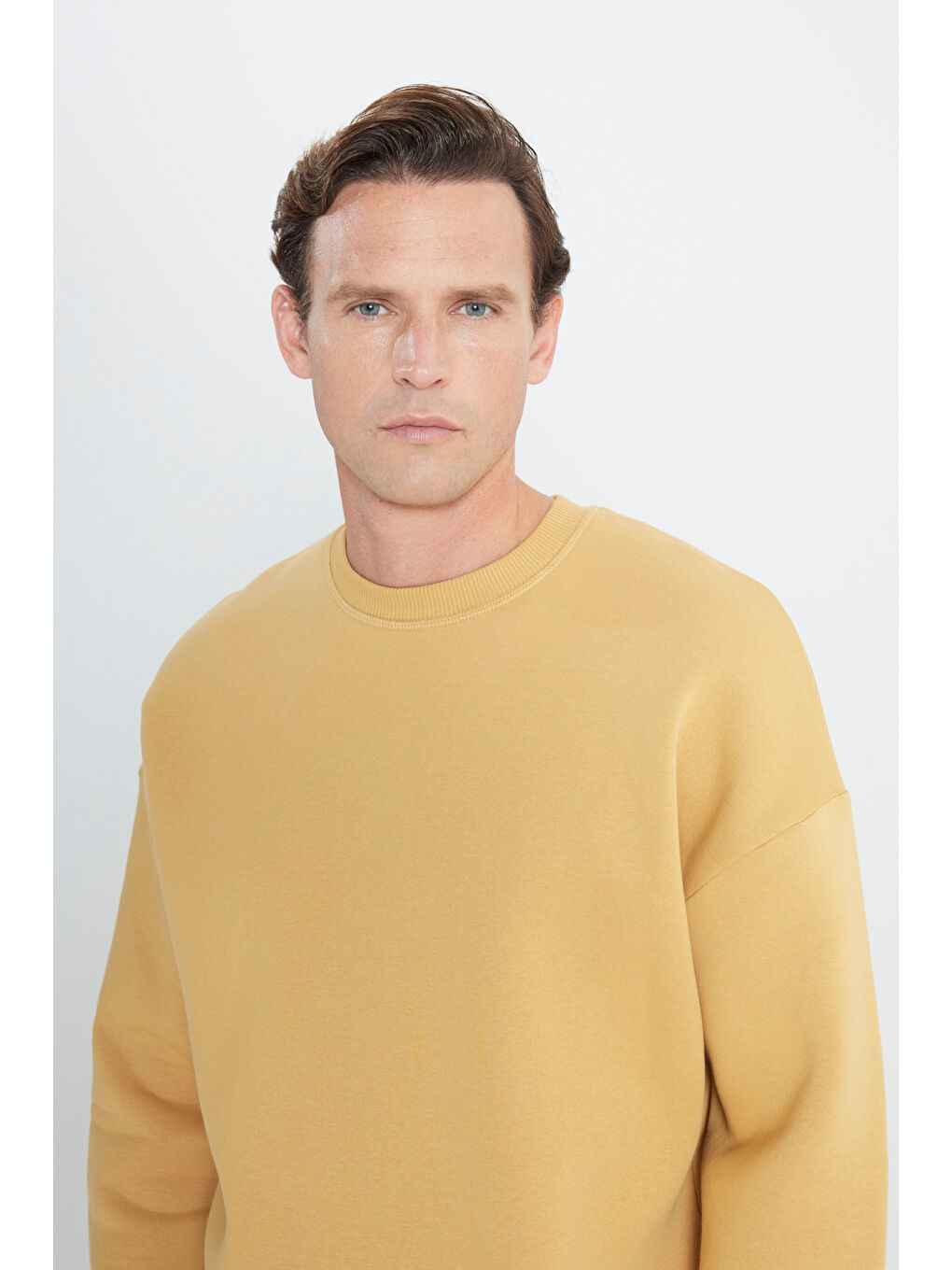 Sarı Erkek Hardal Oversize Fit Bol Kesim Pamuklu İçi Polarlı Bisiklet Yaka Sweatshirt-3